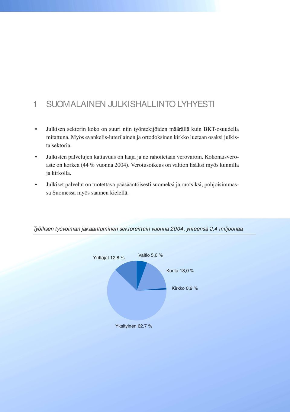 Kokonaisveroaste on korkea (44 % vuonna 2004). Verotusoikeus on valtion lisäksi myös kunnilla ja kirkolla.