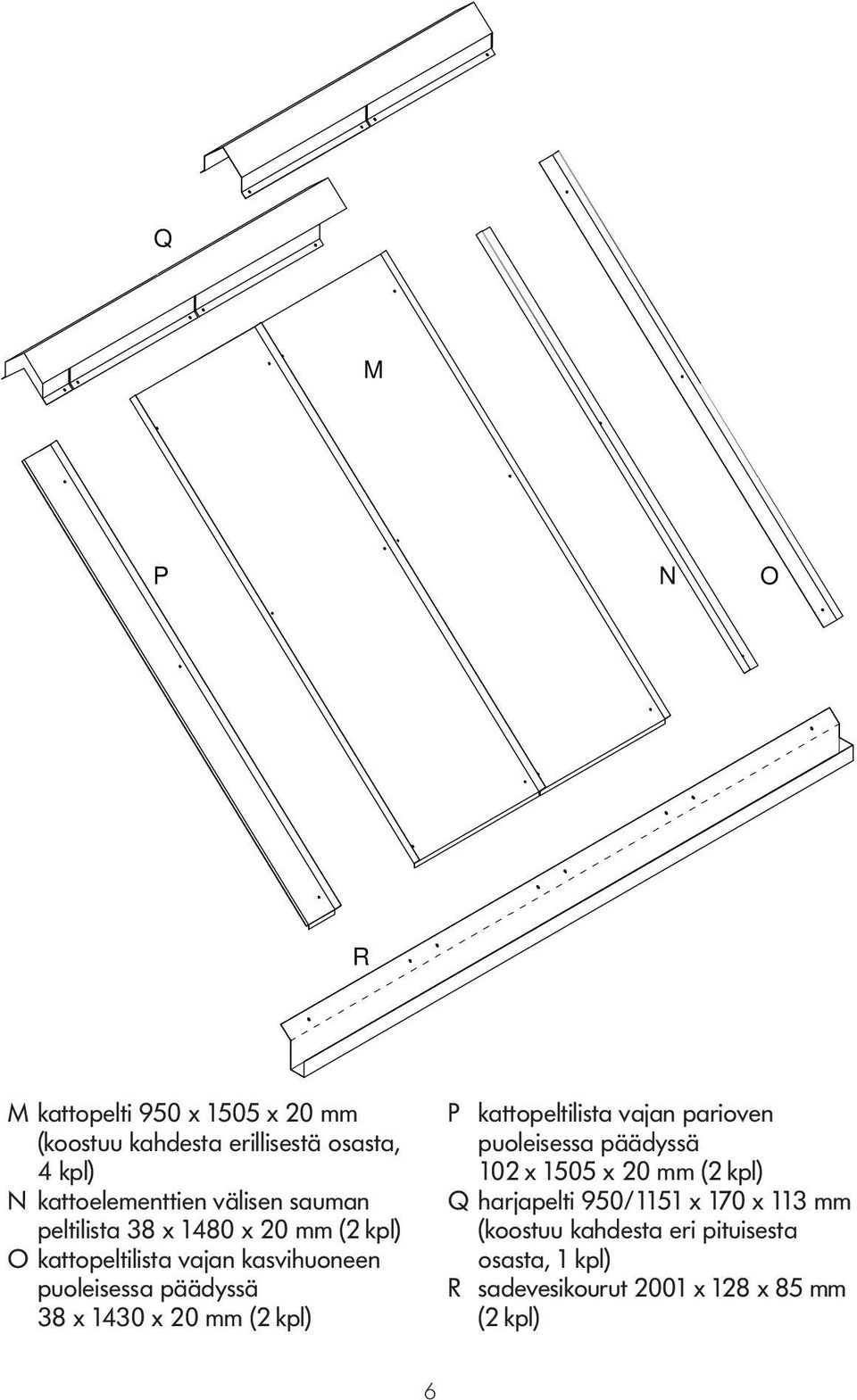x 1430 x 20 mm (2 kpl) P kattopeltilista vajan parioven puoleisessa päädyssä 102 x 1505 x 20 mm (2 kpl) Q