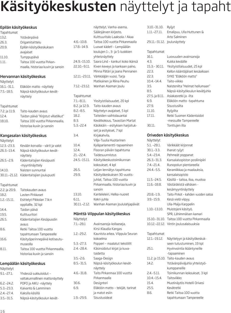 18.5. Näpsä-käsityökoulun kevätnäyttely Tapahtumat 7.2. ja 11.9. Taito-kauden avaus 12.4. Taidon päivä Kirjotut villatilkut 18.10.