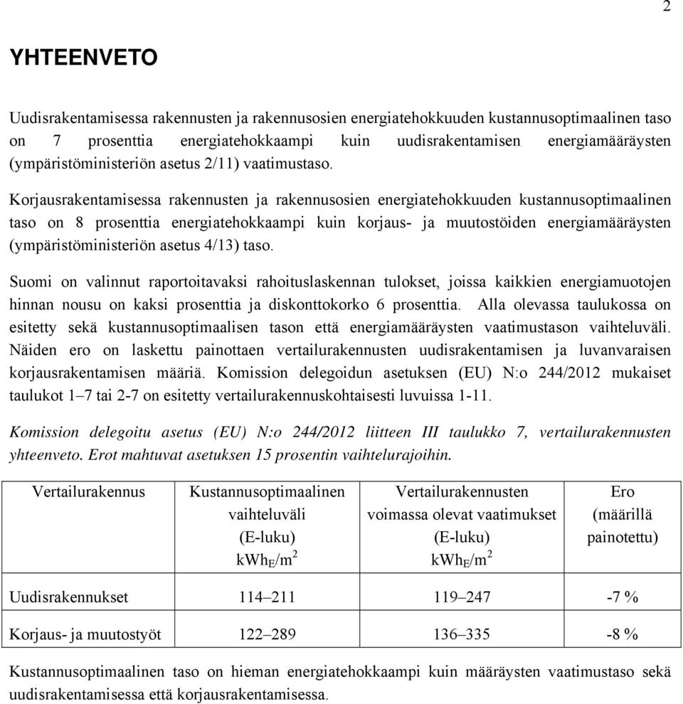 Korjausrakentamisessa rakennusten ja rakennusosien energiatehokkuuden kustannusoptimaalinen taso on 8 prosenttia energiatehokkaampi kuin korjaus- ja muutostöiden energiamääräysten