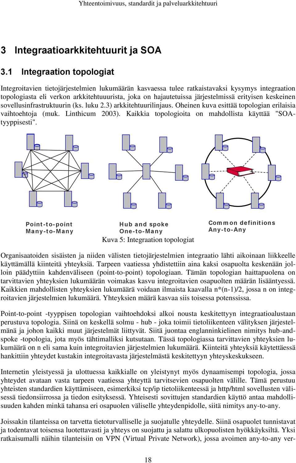 järjestelmissä erityisen keskeinen sovellusinfrastruktuurin (ks. luku 2.3) arkkitehtuurilinjaus. Oheinen kuva esittää topologian erilaisia vaihtoehtoja (muk. Linthicum 2003).