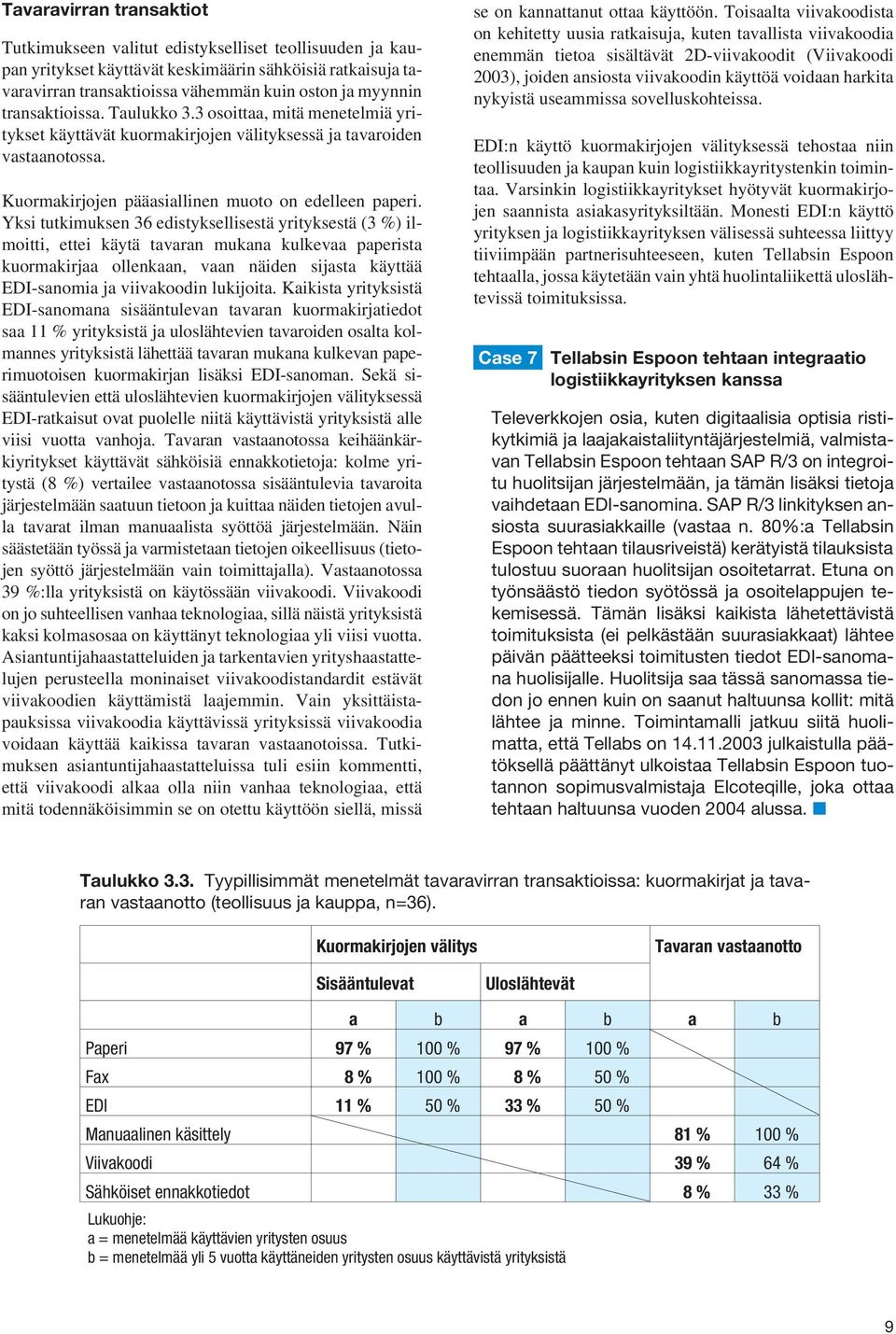 Yksi tutkimuksen 36 edistyksellisestä yrityksestä (3 %) ilmoitti, ettei käytä tavaran mukana kulkevaa paperista kuormakirjaa ollenkaan, vaan näiden sijasta käyttää EDI-sanomia ja viivakoodin