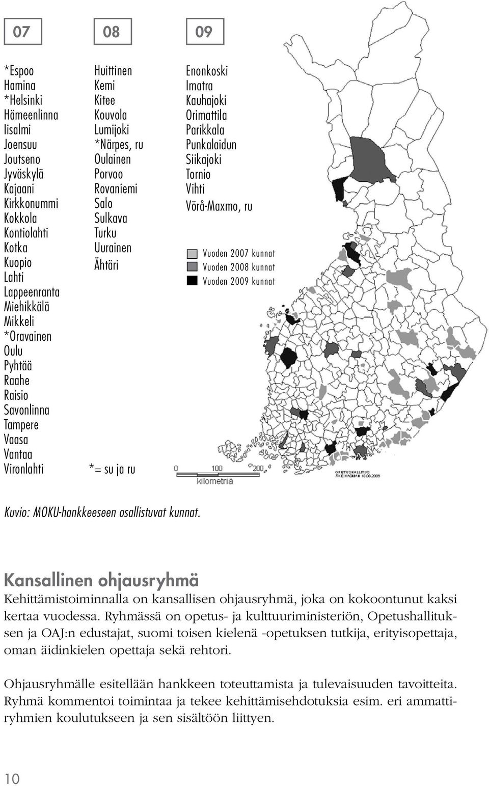 Orimattila Parikkala Punkalaidun Siikajoki Tornio Vihti Vörå-Maxmo, ru Vuoden 2007 kunnat Vuoden 2008 kunnat Vuoden 2009 kunnat Kuvio: MOKU-hankkeeseen osallistuvat kunnat.