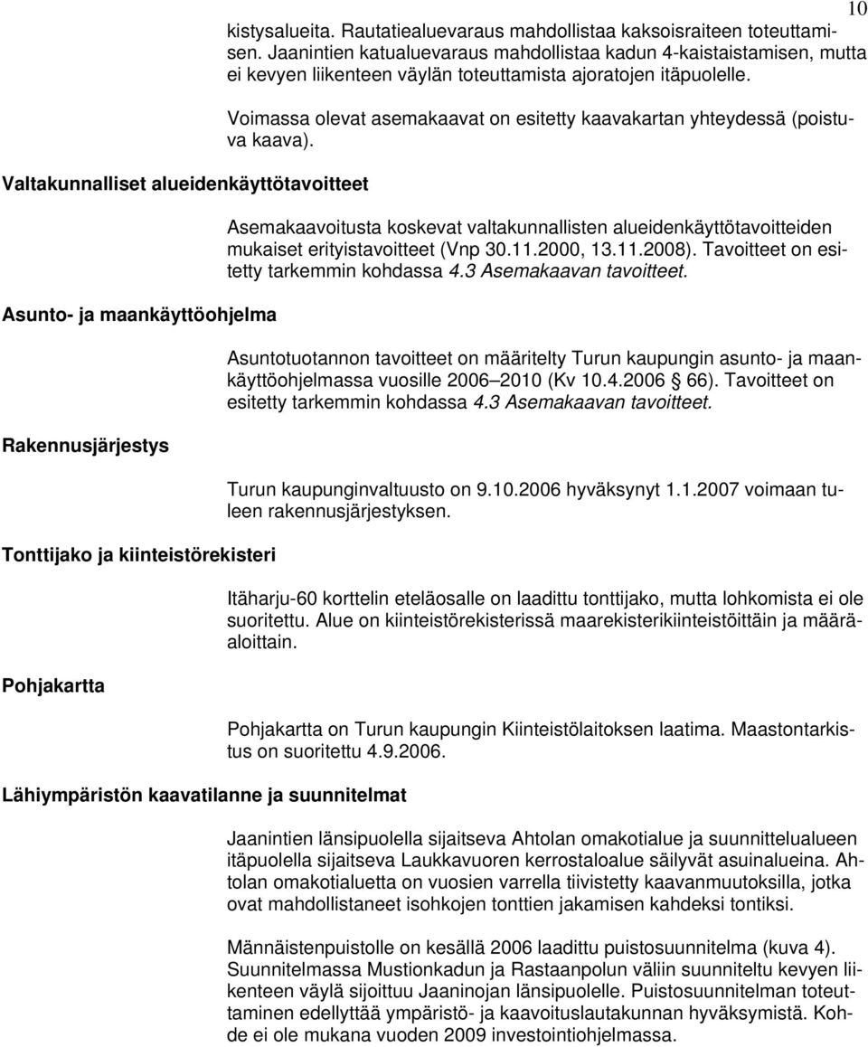 Voimassa olevat asemakaavat on esitetty kaavakartan yhteydessä (poistuva kaava). Asemakaavoitusta koskevat valtakunnallisten alueidenkäyttötavoitteiden mukaiset erityistavoitteet (Vnp 30.11.2000, 13.