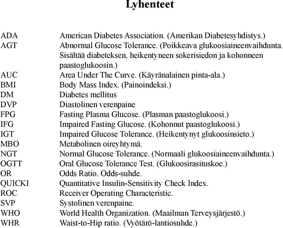 ) Diabetes mellitus Diastolinen verenpaine Fasting Plasma Glucose. (Plasman paastoglukoosi.) Impaired Fasting Glucose. (Kohonnut paastoglukoosi.) Impaired Glucose Tolerance.