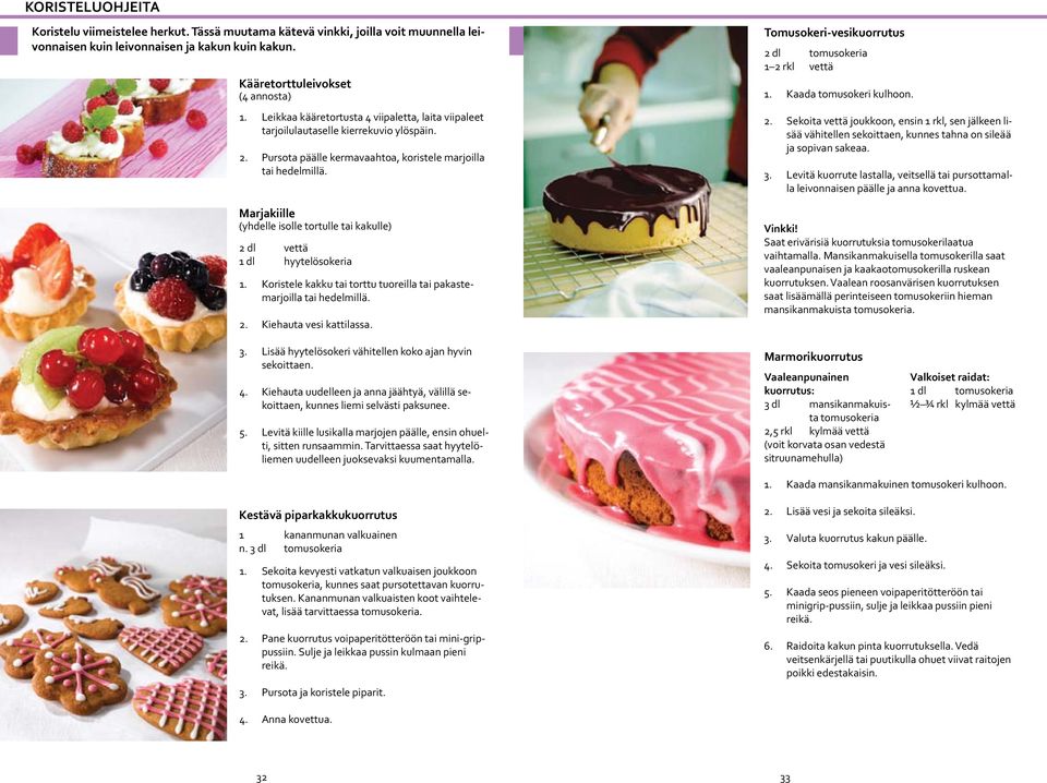 Marjakiille (yhdelle isolle tortulle tai kakulle) 2 dl vettä 1 dl hyytelösokeria Koristele kakku tai torttu tuoreilla tai pakastemarjoilla tai hedelmillä. Kiehauta vesi kattilassa.