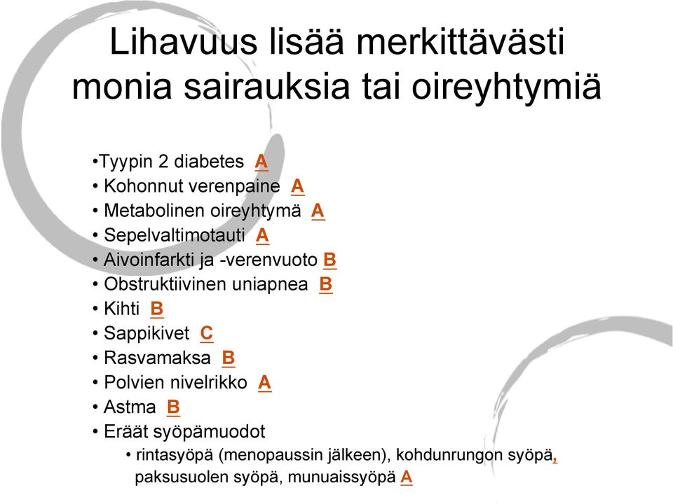 Obstruktiivinen uniapnea B Kihti B Sappikivet C Rasvamaksa B Polvien nivelrikko A Astma B