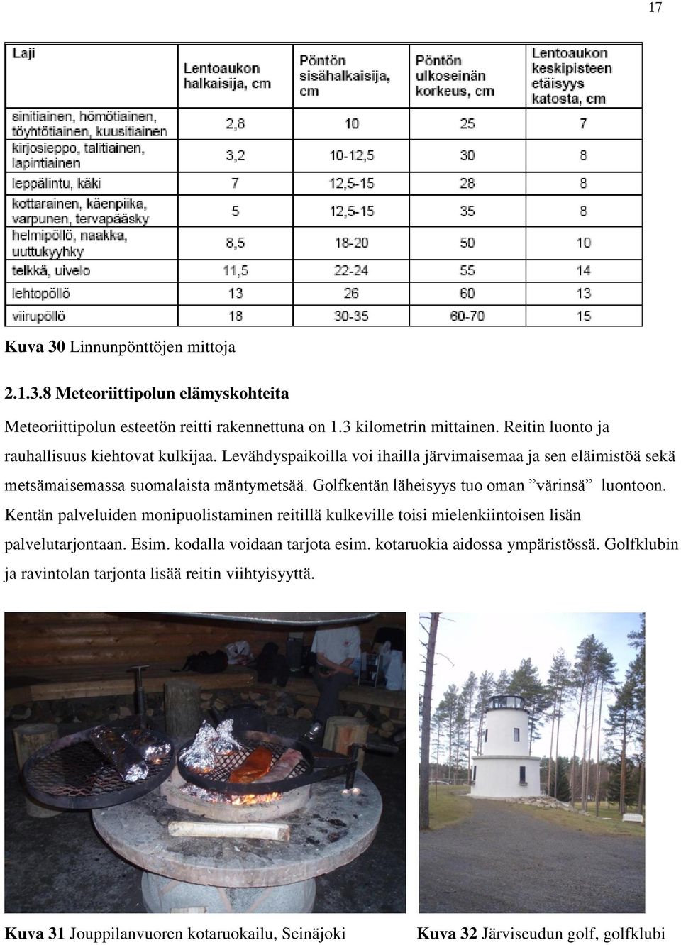 Golfkentän läheisyys tuo oman värinsä luontoon. Kentän palveluiden monipuolistaminen reitillä kulkeville toisi mielenkiintoisen lisän palvelutarjontaan. Esim.