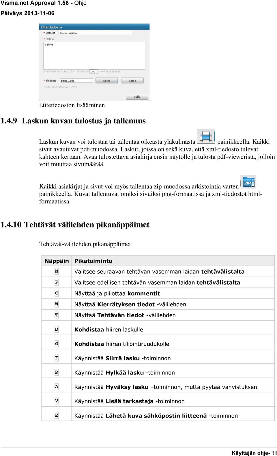 Kaikki asiakirjat ja sivut voi myös tallentaa zip-muodossa arkistointia varten - painikkeella. Kuvat tallentuvat omiksi sivuiksi png-formaatissa ja xml-tiedostot htmlformaatissa. 1.4.