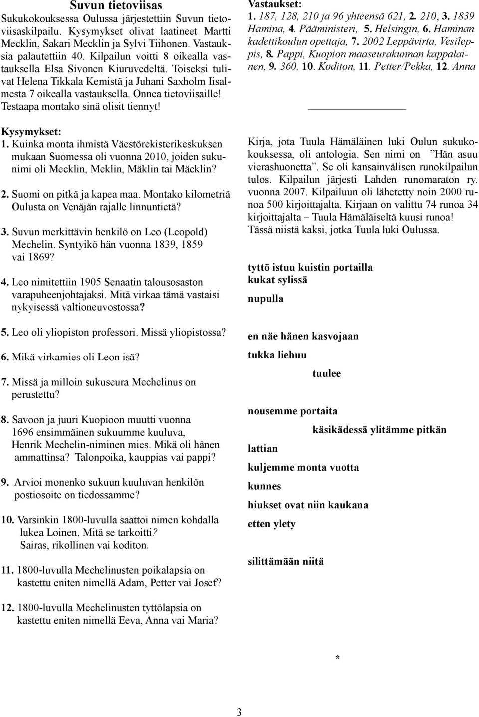 Kysymykset olivat laatineet Martti Mecklin, Sakari Mecklin ja Sylvi Tiihonen. Vastauksia palautettiin 40. Kilpailun voitti 8 oikealla vastauksella Elsa Sivonen Kiuruvedeltä.