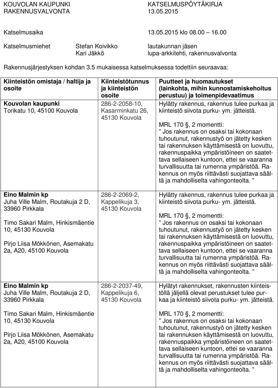 5 mukaisessa katselmuksessa todettiin seuraavaa: Kiinteistön omistaja / haltija ja Kouvolan kaupunki Torikatu 10, 45100 Kouvola Eino Malmin kp Juha Ville Malm, Routakuja 2 D, 33960 Pirkkala Timo