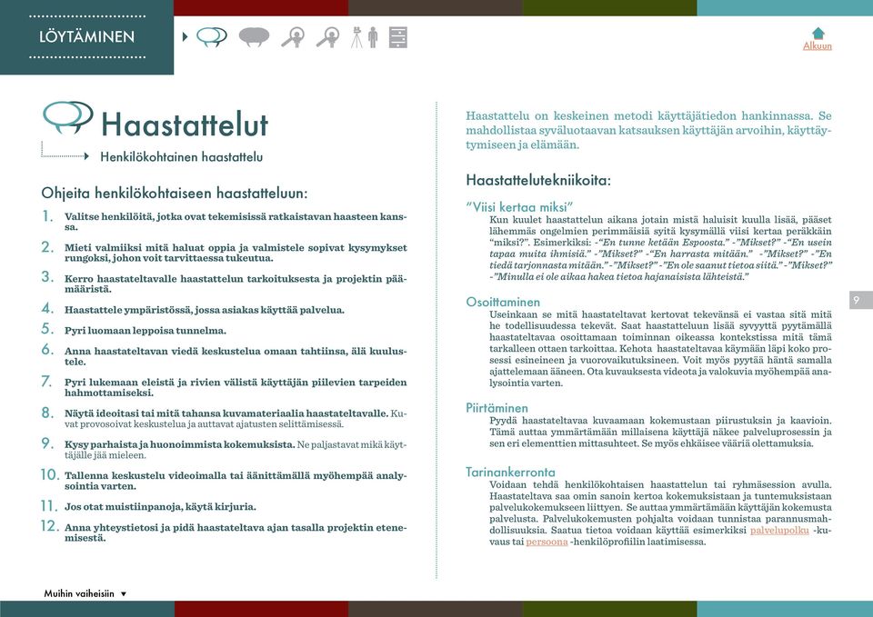 Haastattele ympäristössä, jossa asiakas käyttää palvelua. Pyri luomaan leppoisa tunnelma. Anna haastateltavan viedä keskustelua omaan tahtiinsa, älä kuulustele.