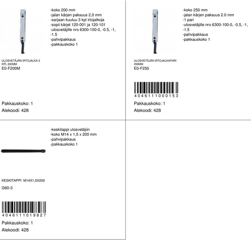 0 mm -1 pari -ulosvetäjille nro 6300-100-0, -0.5, -1, -1.