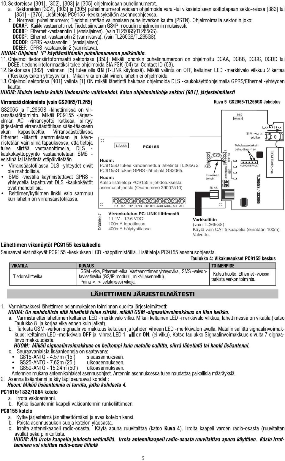 Normaali puhelinnumero; Tiedot siirretään valinnaisen puhelinverkon kautta (PSTN). Ohjelmoimalla sektoriin joko: DCAAF: Kaikki vastaanottimet. Tiedot siirretään GS/IP moduulin ohjelmoinnin mukaisesti.