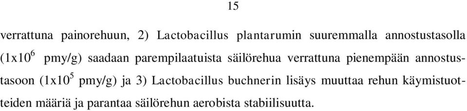 pienempään annostustasoon (1x10 5 pmy/g) ja 3) Lactobacillus buchnerin lisäys