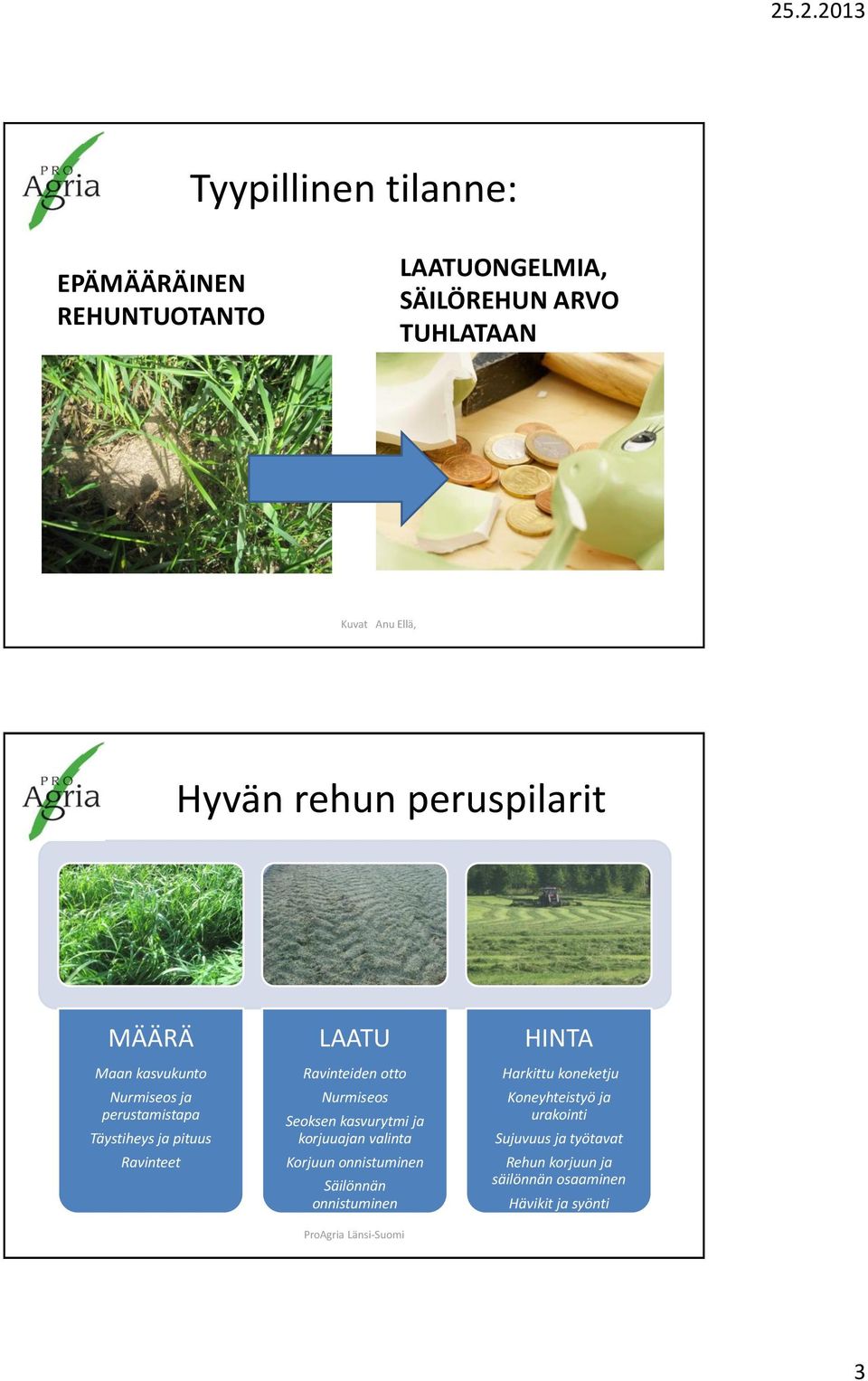 Nurmiseos Seoksen kasvurytmi ja korjuuajan valinta Korjuun onnistuminen Säilönnän onnistuminen ProAgria Länsi-Suomi