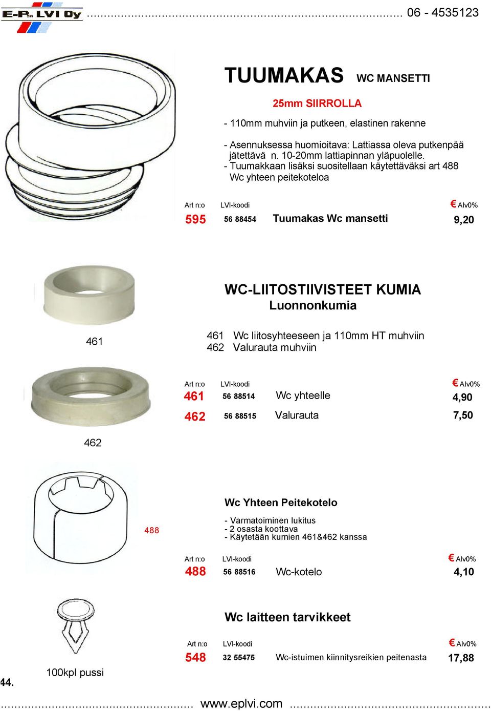 liitosyhteeseen ja 110mm HT muhviin 462 Valurauta muhviin Art n:o LVI-koodi Alv0% 461 56 88514 Wc yhteelle 4,90 462 56 88515 Valurauta 7,50 462 Wc Yhteen Peitekotelo 488 - Varmatoiminen lukitus - 2