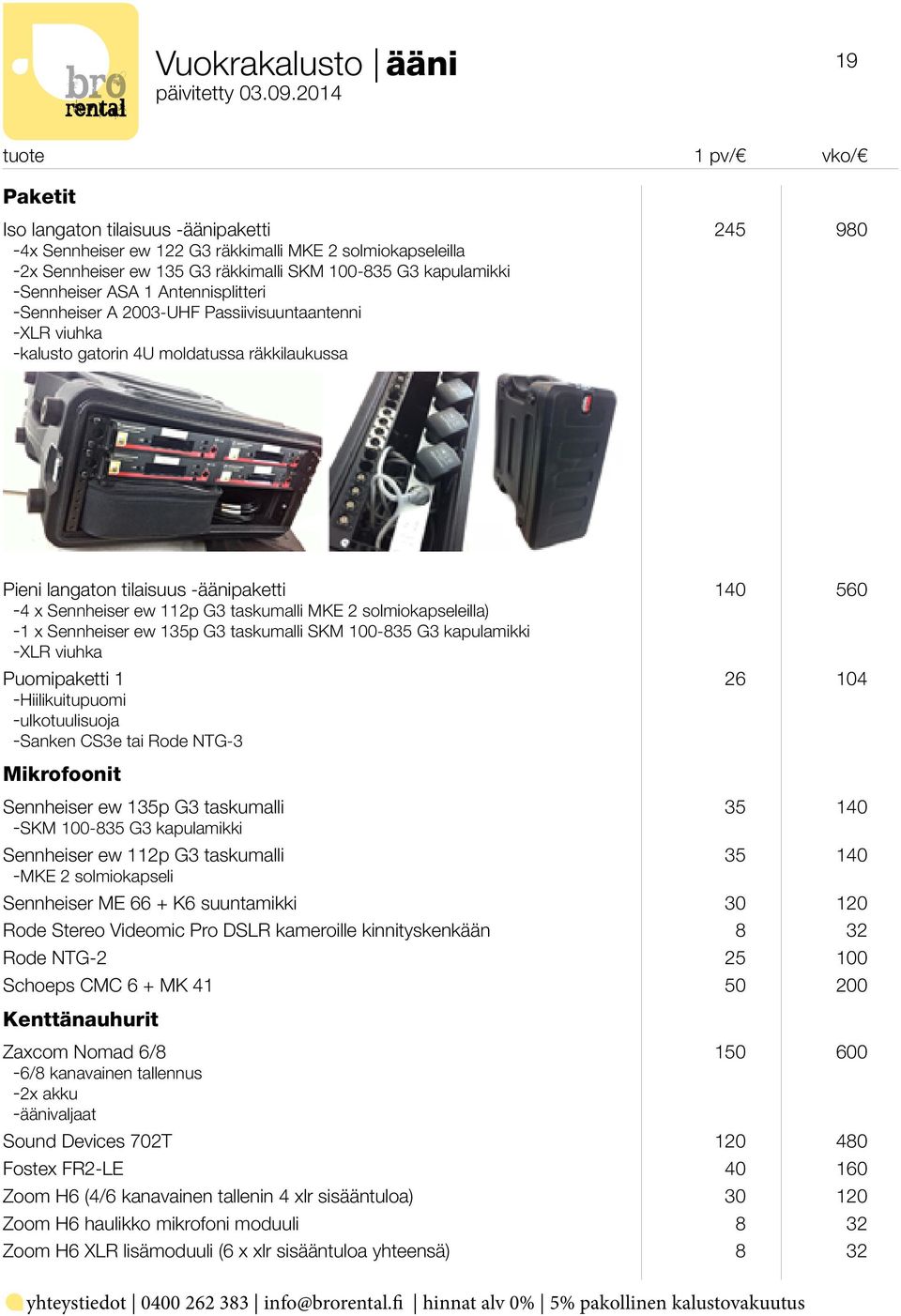 taskumalli MKE 2 solmiokapseleilla) -1 x Sennheiser ew 135p G3 taskumalli SKM 100-835 G3 kapulamikki -XLR viuhka Puomipaketti 1 26 104 -Hiilikuitupuomi -ulkotuulisuoja -Sanken CS3e tai Rode NTG-3