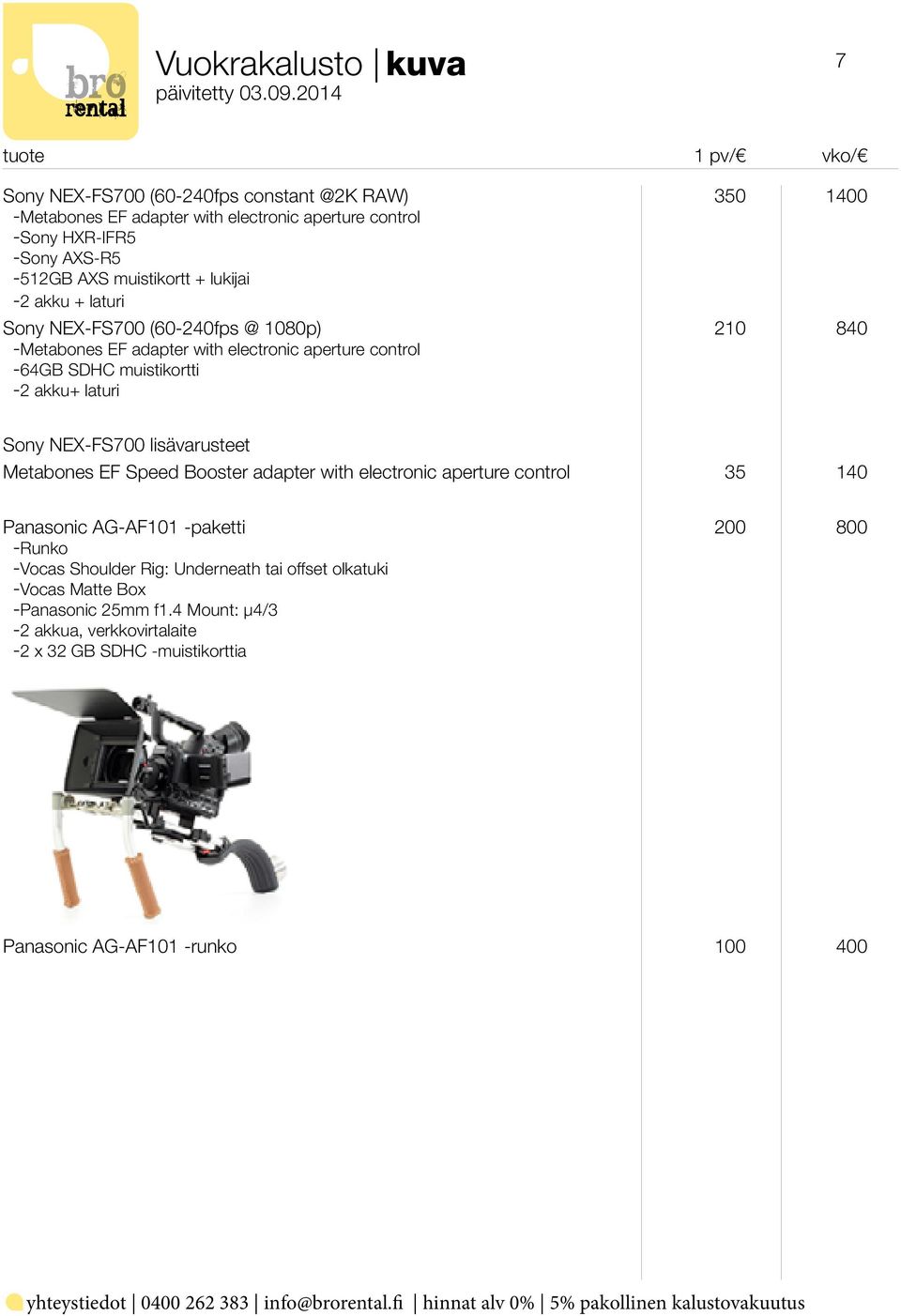 NEX-FS700 lisävarusteet Metabones EF Speed Booster adapter with electronic aperture control 35 140 Panasonic AG-AF101 -paketti 200 800 -Runko -Vocas Shoulder Rig: