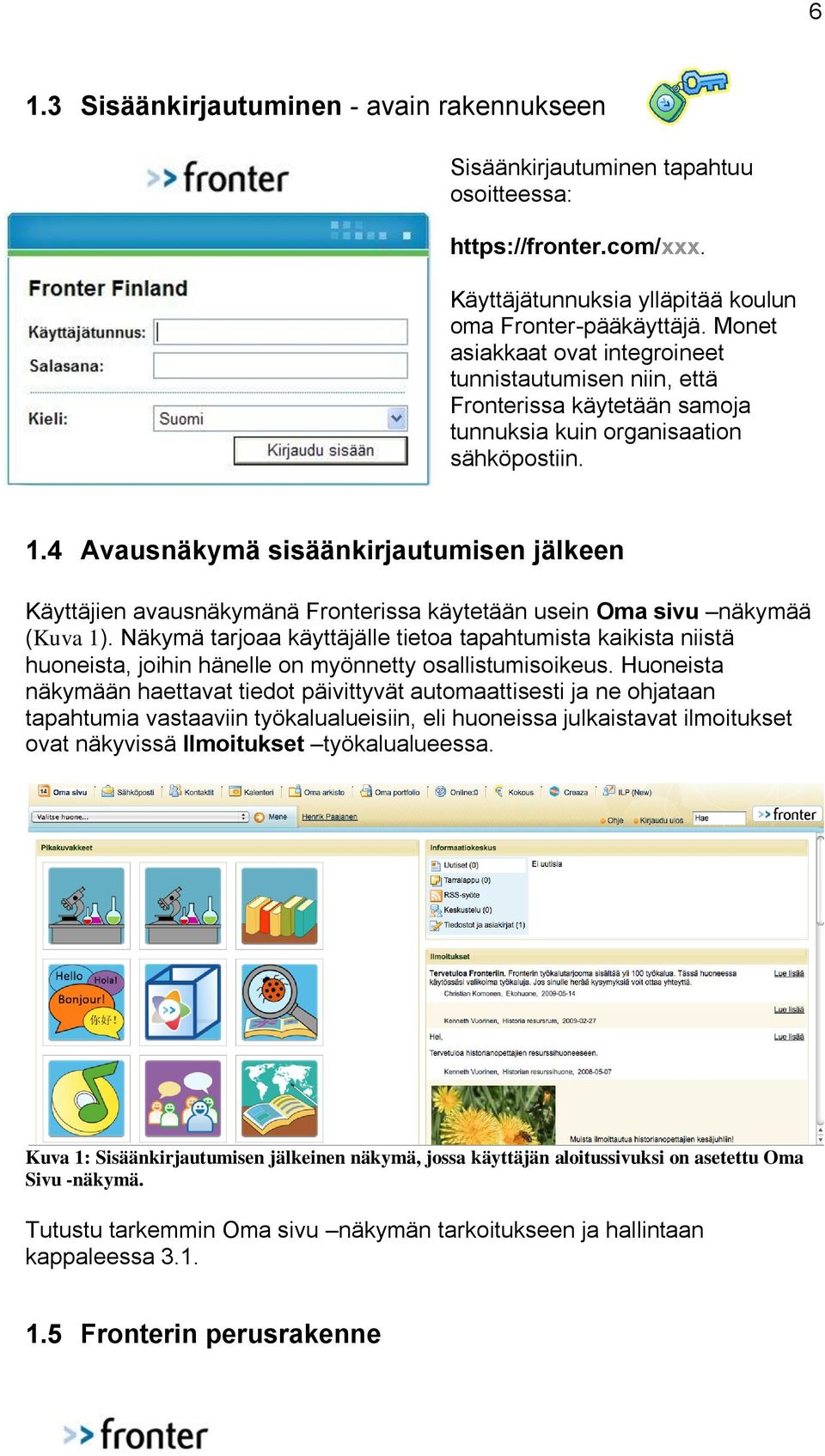 4 Avausnäkymä sisäänkirjautumisen jälkeen Käyttäjien avausnäkymänä Fronterissa käytetään usein Oma sivu näkymää (Kuva 1).