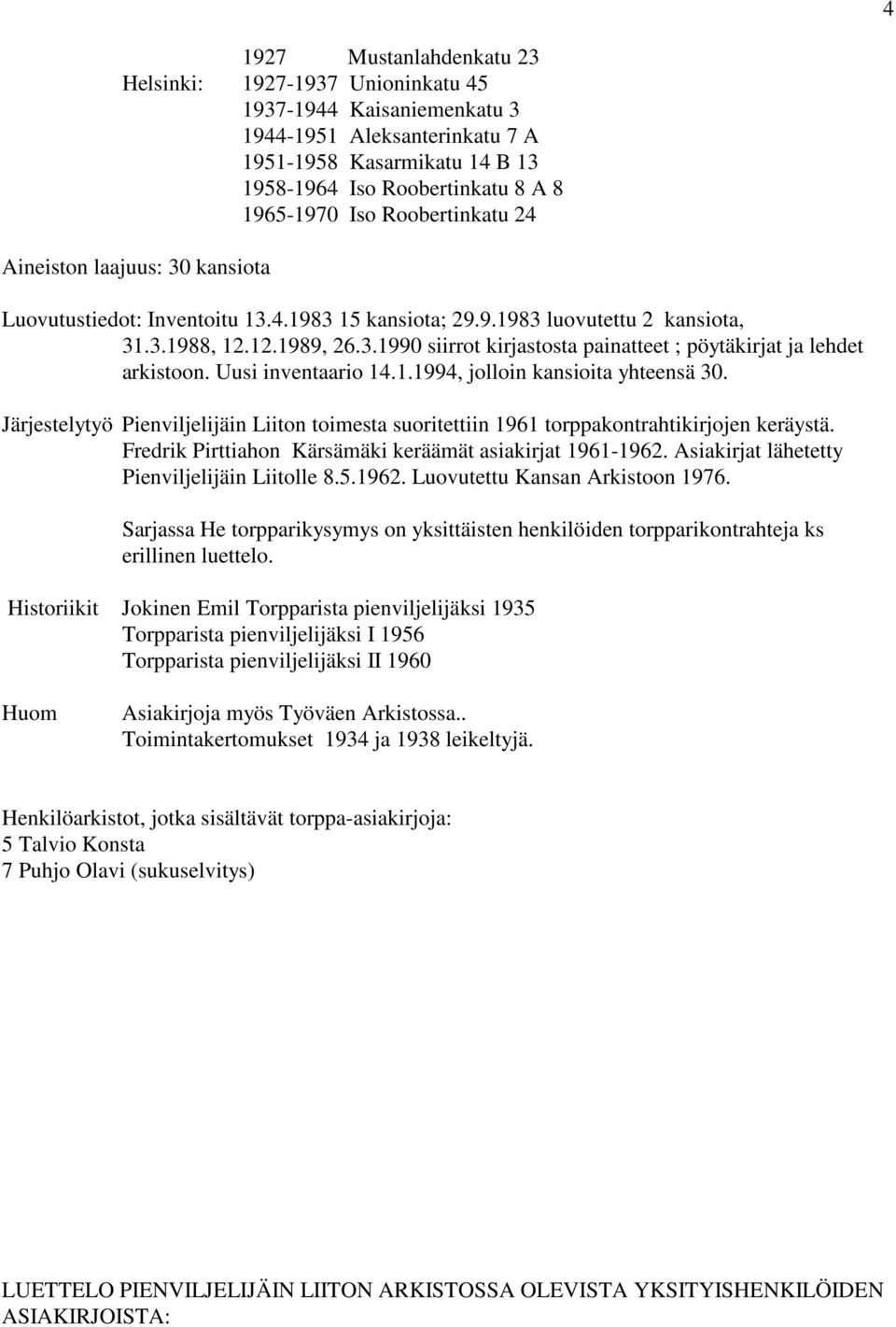 Uusi inventaario 14.1.1994, jolloin kansioita yhteensä 30. Järjestelytyö Pienviljelijäin Liiton toimesta suoritettiin 1961 torppakontrahtikirjojen keräystä.