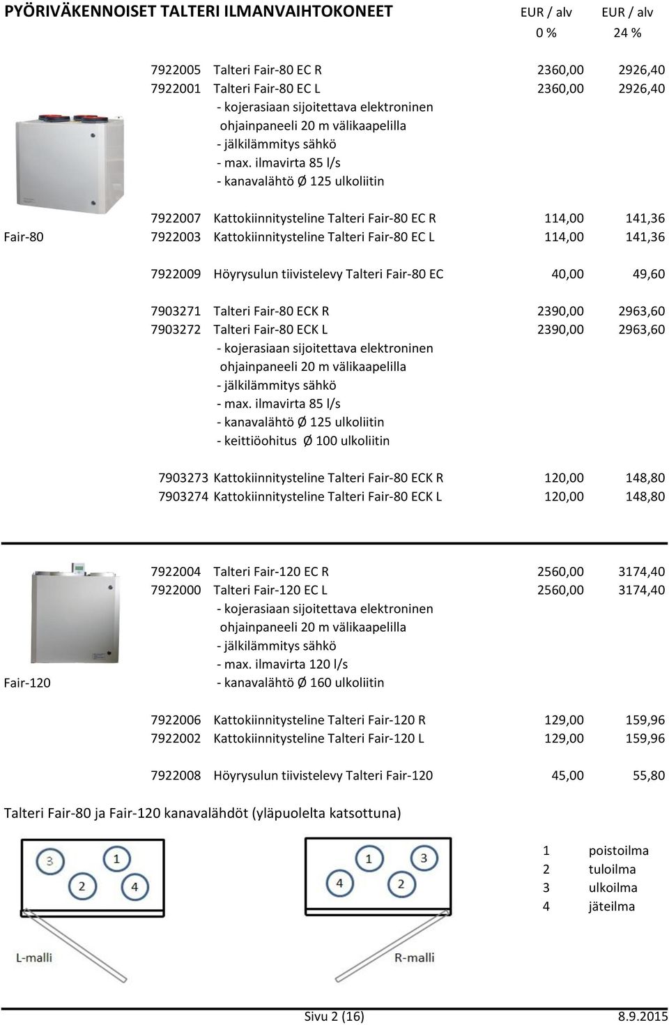 Höyrysulun tiivistelevy Talteri Fair-80 EC 40,00 49,60 7903271 Talteri Fair-80 ECK R 2390,00 2963,60 7903272 Talteri Fair-80 ECK L 2390,00 2963,60 ohjainpaneeli 20 m välikaapelilla - max.