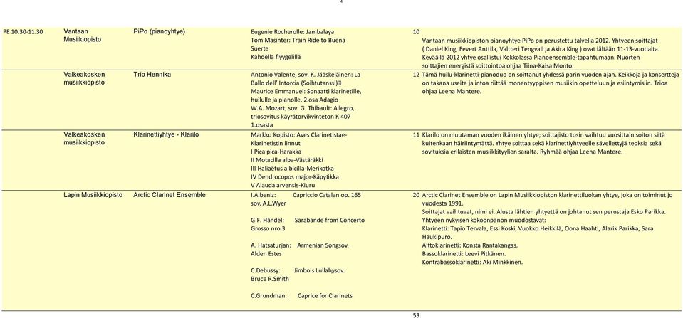 Antonio Valente, sov. K. Jääskeläinen: La Ballo dell Intorcia (Soihtutanssi) Maurice Emmanuel: Sonaatti klarinetille, huilulle ja pianolle, 2.osa Adagio W.A. Mozart, sov. G.