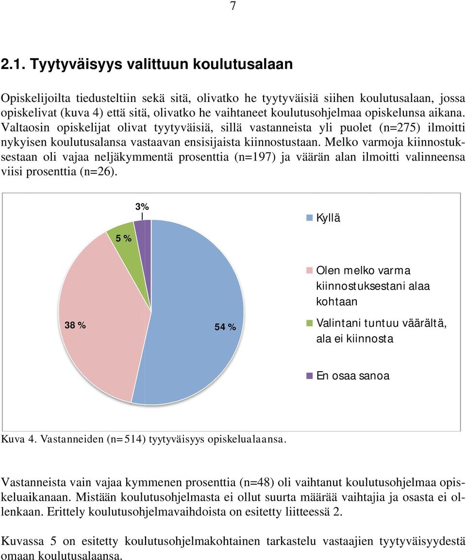 koulutusohjelmaa opiskelunsa aikana. Valtaosin opiskelijat olivat tyytyväisiä, sillä vastanneista yli puolet (n=275) ilmoitti nykyisen koulutusalansa lansa vastaavan ensisijaista kiinnostustaan.