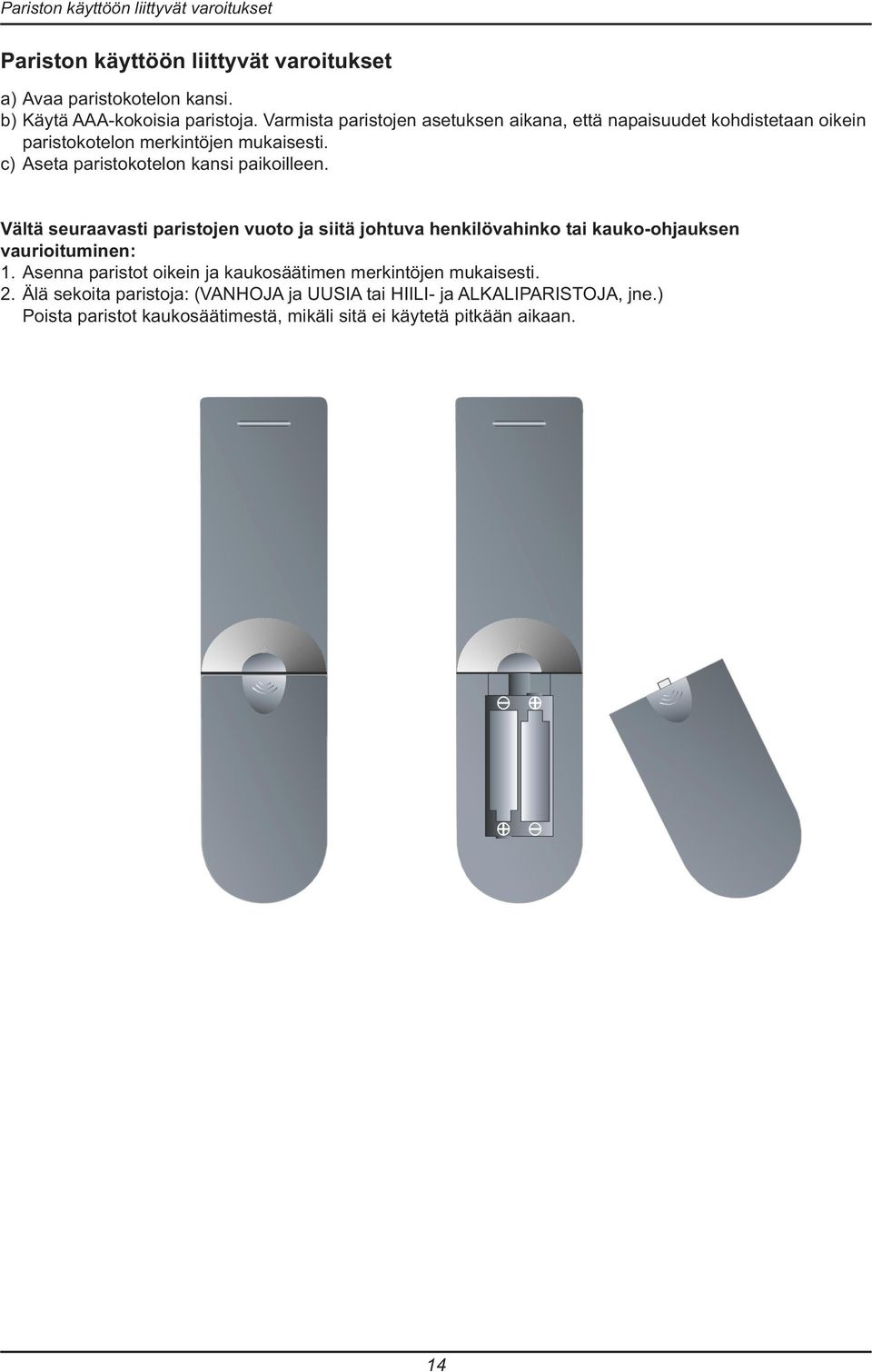 Vältä seuraavasti paristojen vuoto ja siitä johtuva henkilövahinko tai kauko-ohjauksen vaurioituminen: 1.