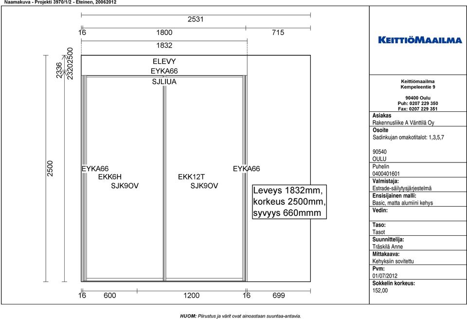 SJK9OV EYKA66 16 600 1200 16 699 Leveys 1832mm, korkeus 2500mm,