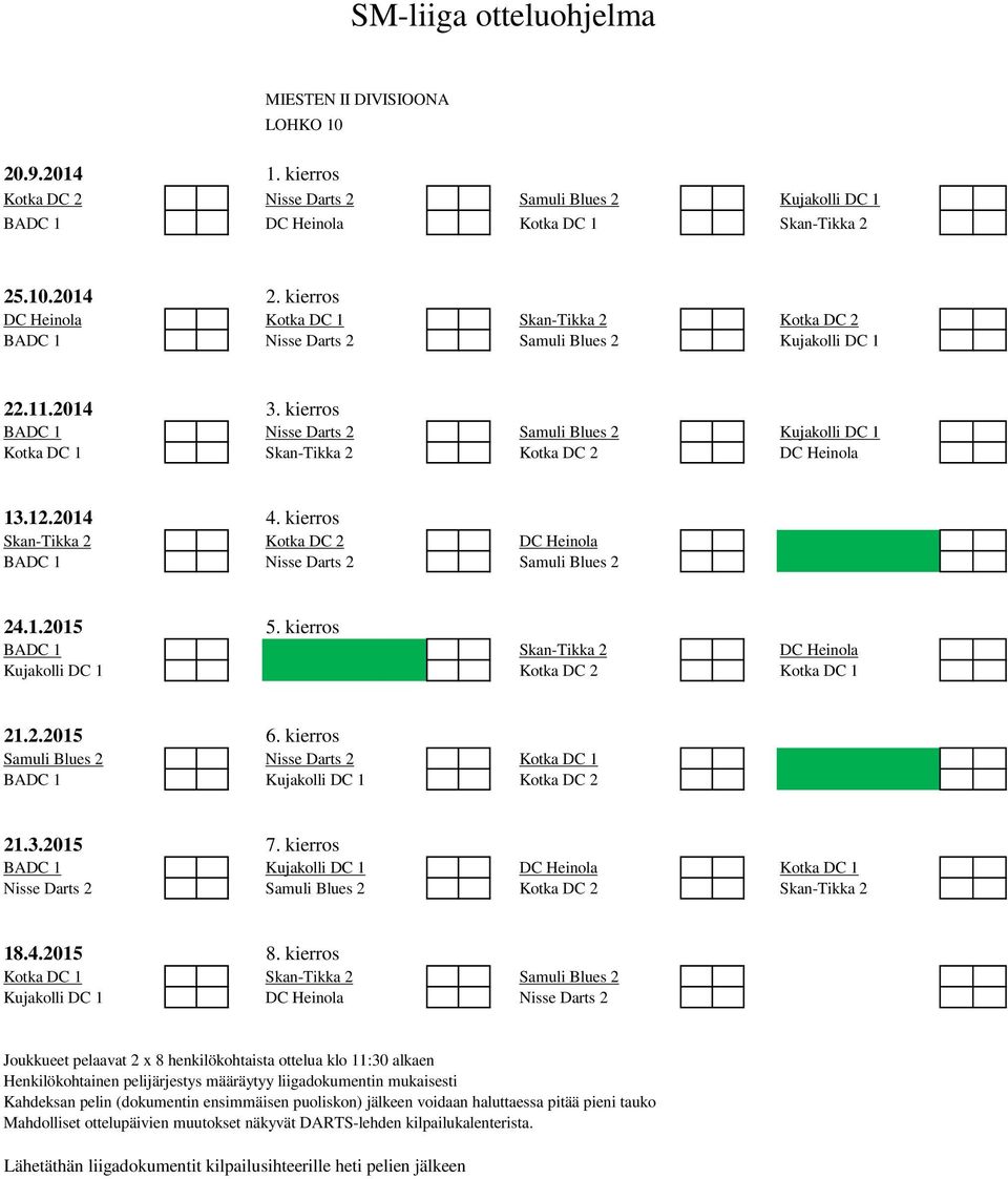 Nisse Darts 2 Samuli Blues 2 BADC 1 Skan-Tikka 2 DC Heinola Kujakolli DC 1 Kotka DC 2 Kotka DC 1 Samuli Blues 2 Nisse Darts 2 Kotka DC 1 BADC 1 Kujakolli DC 1 Kotka DC 2