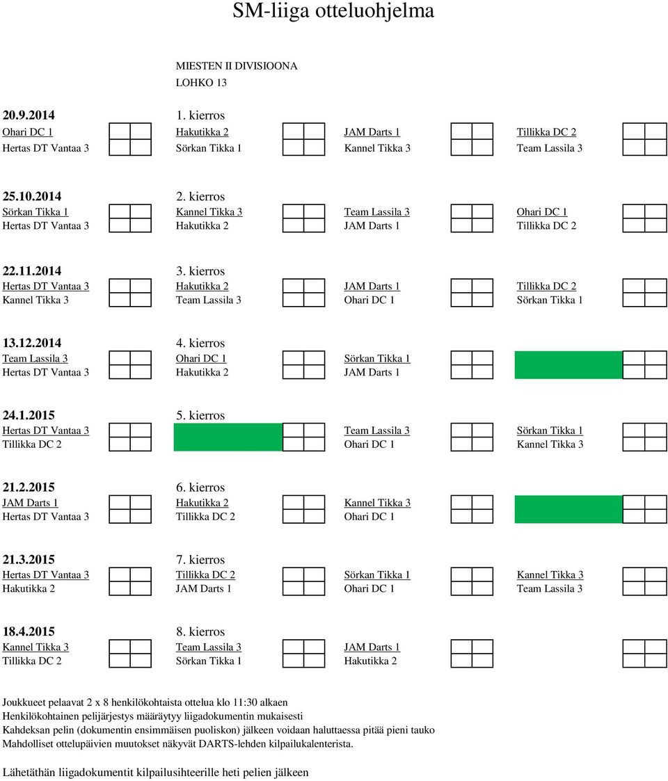 DT Vantaa 3 Hakutikka 2 JAM Darts 1 Hertas DT Vantaa 3 Team Lassila 3 Sörkan Tikka 1 Tillikka DC 2 Ohari DC 1 Kannel Tikka 3 JAM Darts 1 Hakutikka 2 Kannel Tikka 3 Hertas DT Vantaa 3 Tillikka DC 2