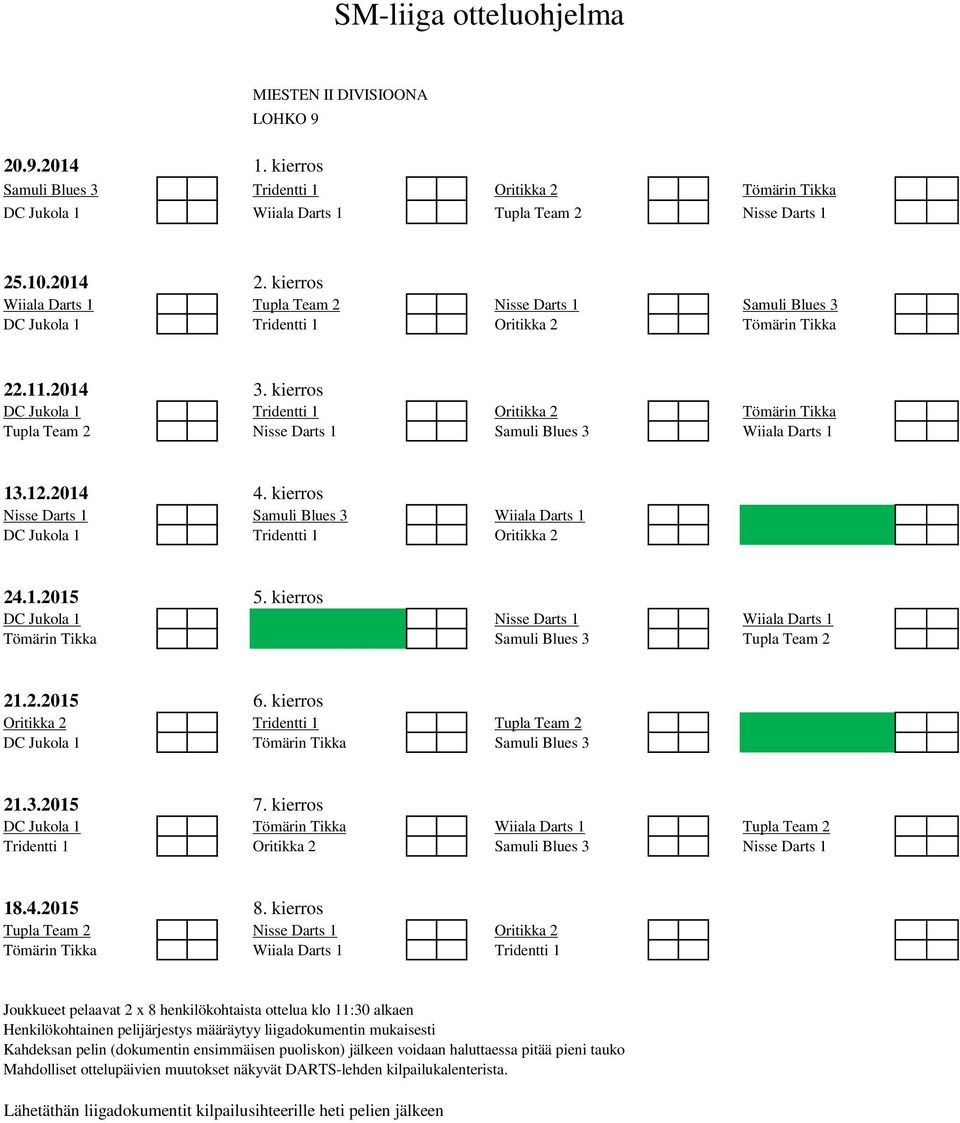 DC Jukola 1 Tridentti 1 Oritikka 2 DC Jukola 1 Nisse Darts 1 Wiiala Darts 1 Tömärin Tikka Samuli Blues 3 Tupla Team 2 Oritikka 2 Tridentti 1 Tupla Team 2 DC Jukola 1 Tömärin Tikka Samuli