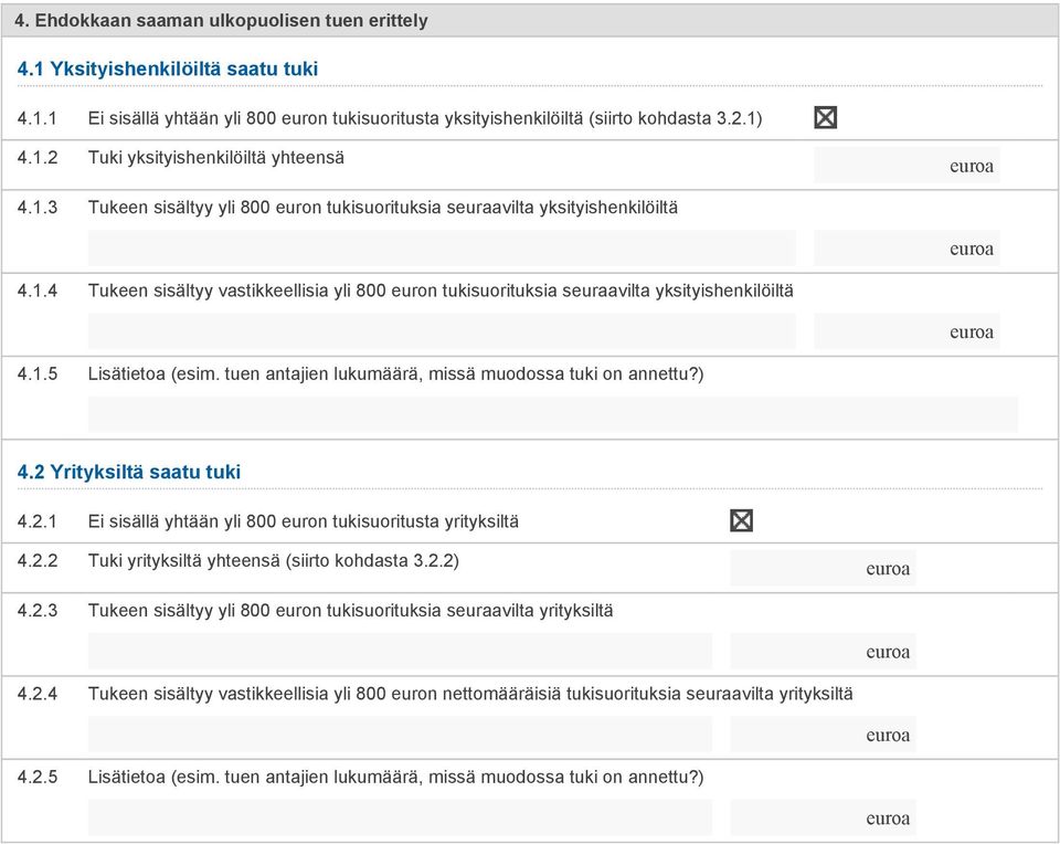 tuen antajien lukumäärä, missä muodossa tuki on annettu?) 4.2 Yrityksiltä saatu tuki 4.2.1 Ei sisällä yhtään yli 800 euron tukisuoritusta yrityksiltä 4.2.2 Tuki yrityksiltä yhteensä (siirto kohdasta 3.