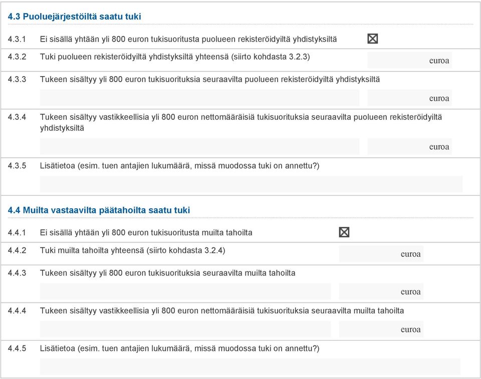 3.5 Lisätietoa (esim. tuen antajien lukumäärä, missä muodossa tuki on annettu?) 4.4 Muilta vastaavilta päätahoilta saatu tuki 4.4.1 Ei sisällä yhtään yli 800 euron tukisuoritusta muilta tahoilta 4.4.2 Tuki muilta tahoilta yhteensä (siirto kohdasta 3.