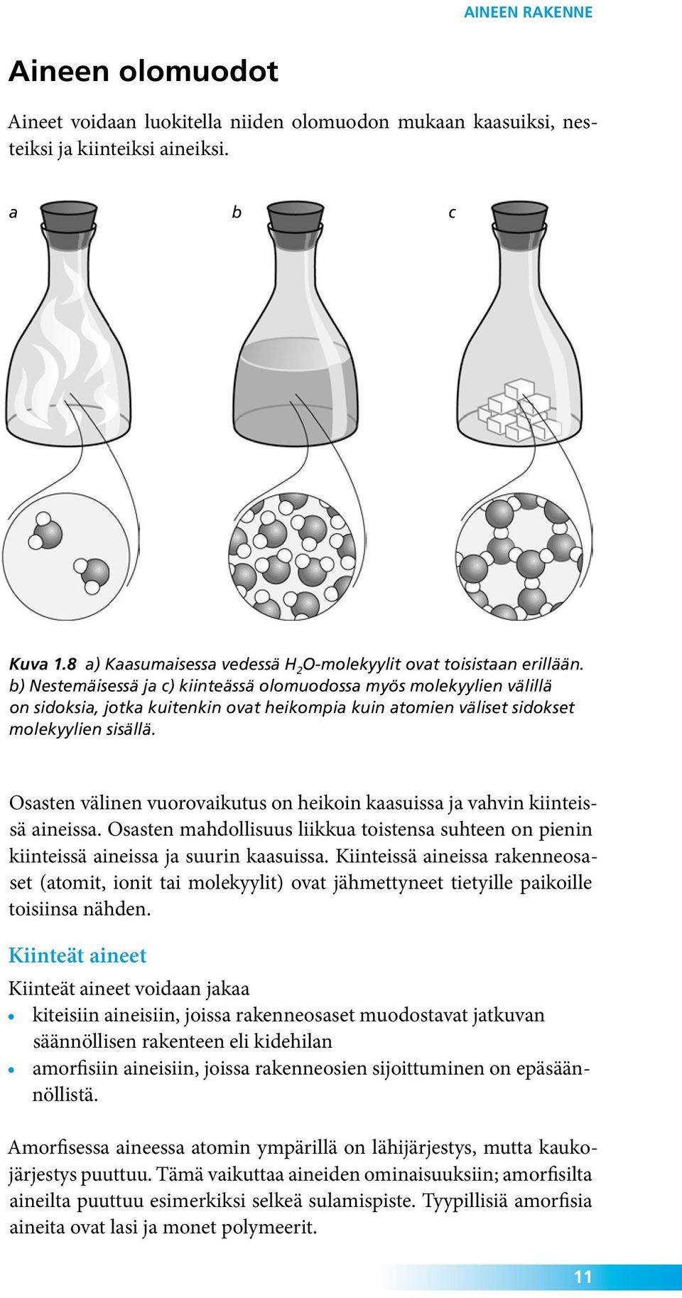 Osasten välinen vuorovaikutus on heikoin kaasuissa ja vahvin kiinteissä aineissa. Osasten mahdollisuus liikkua toistensa suhteen on pienin kiinteissä aineissa ja suurin kaasuissa.