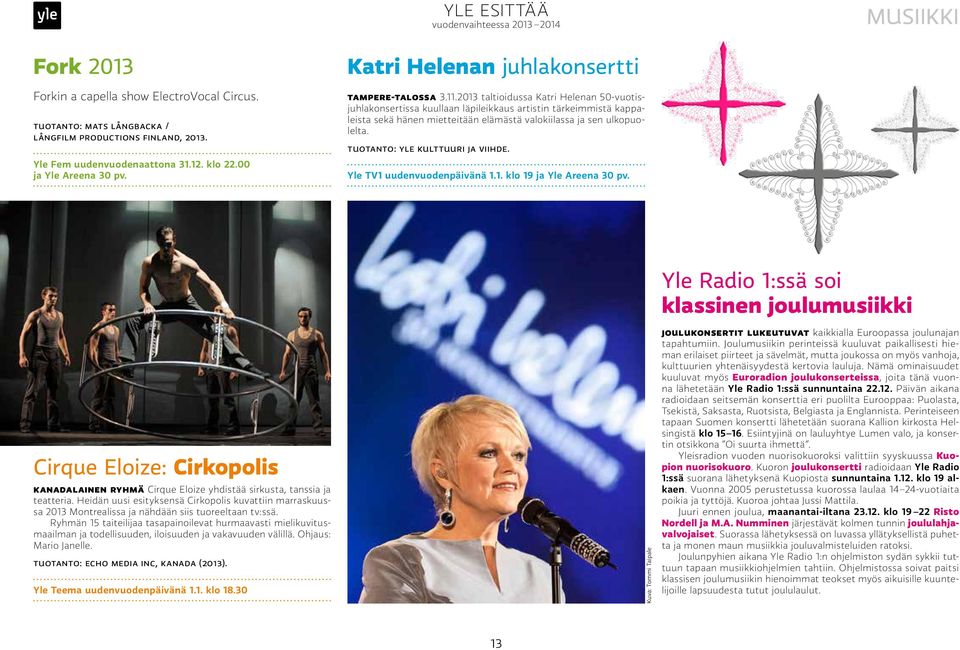 2013 taltioidussa Katri Helenan 50-vuotisjuhlakonsertissa kuullaan läpileikkaus artistin tärkeimmistä kappaleista sekä hänen mietteitään elämästä valokiilassa ja sen ulkopuolelta.