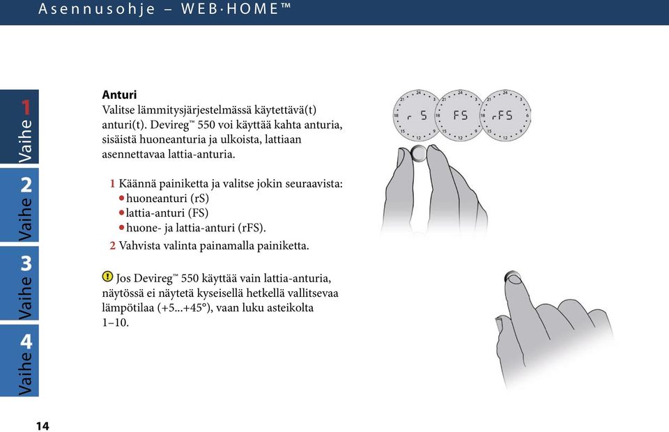 1 Käännä painiketta ja valitse jokin seuraavista: huoneanturi (rs) lattia-anturi (FS) huone- ja lattia-anturi (rfs).