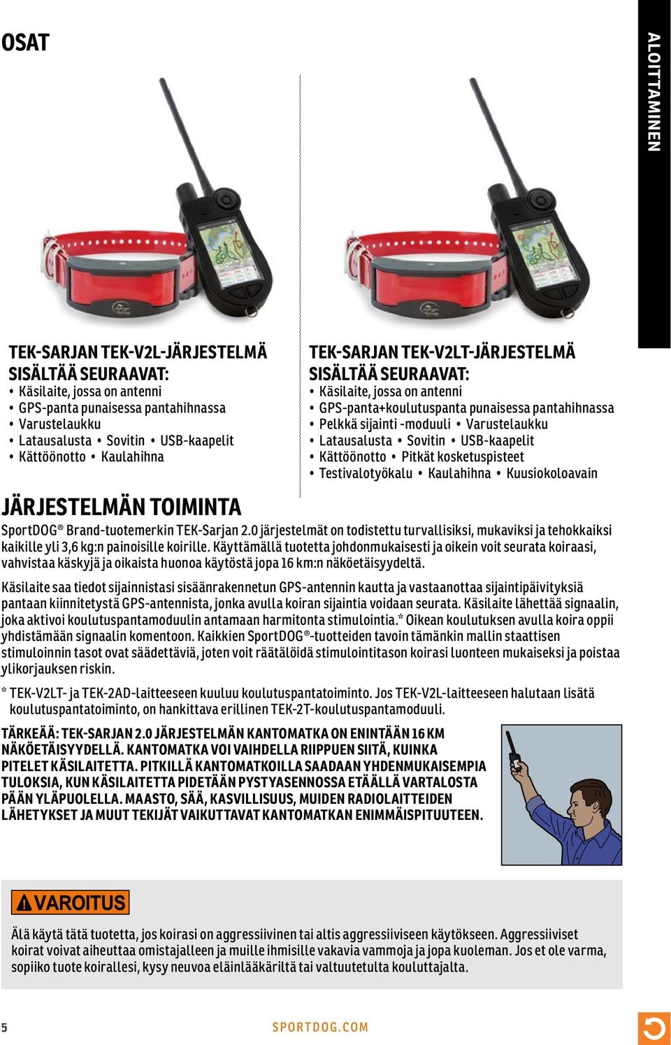 USB-kaapelit Kättöönotto Pitkät kosketuspisteet Testivalotyökalu Kaulahihna Kuusiokoloavain JÄRJESTELMÄN TOIMINTA SportDOG Brand-tuotemerkin TEK-Sarjan 2.