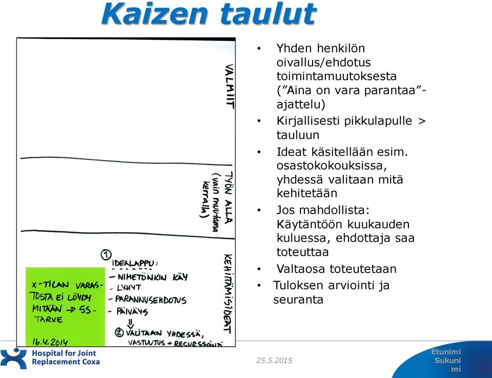 osastokokouksissa, yhdessä valitaan mitä kehitetään Jos mahdollista: Käytäntöön kuukauden