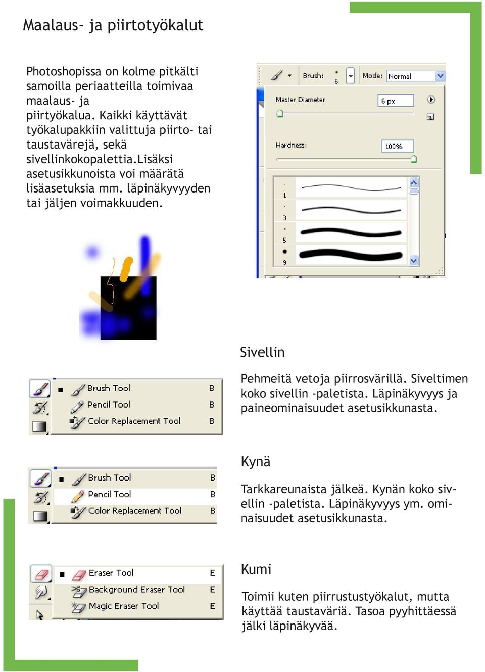 läpinäkyvyyden tai jäljen voimakkuuden. Sivellin Pehmeitä vetoja piirrosvärillä. Siveltimen koko sivellin -paletista.