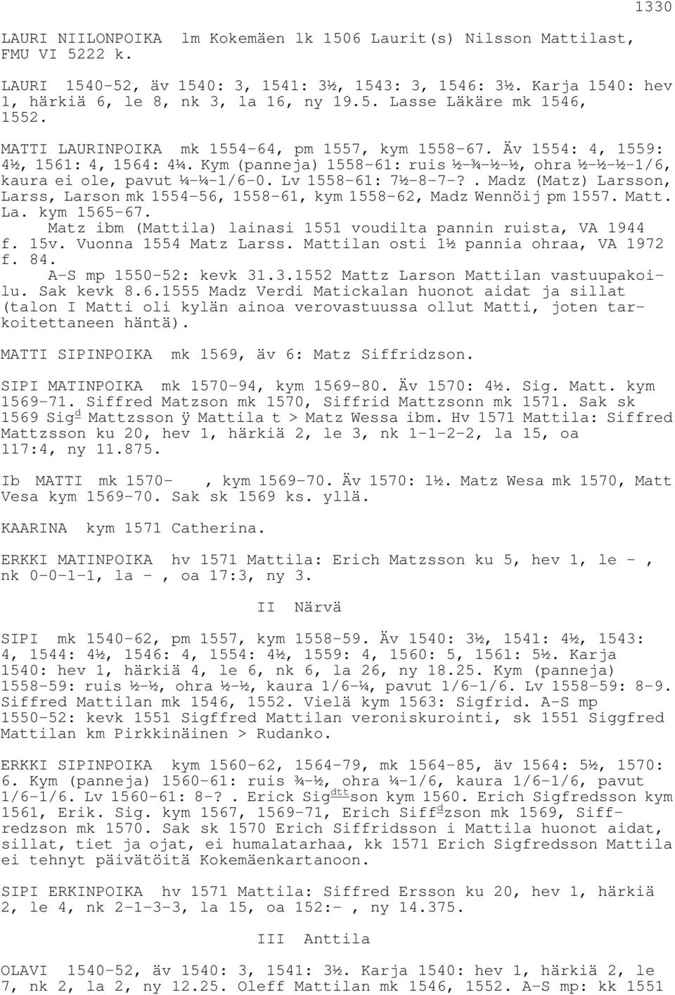 . Madz (Matz) Larsson, Larss, Larson mk 1554-56, 1558-61, kym 1558-62, Madz Wennöij pm 1557. Matt. La. kym 1565-67. Matz ibm (Mattila) lainasi 1551 voudilta pannin ruista, VA 1944 f. 15v.