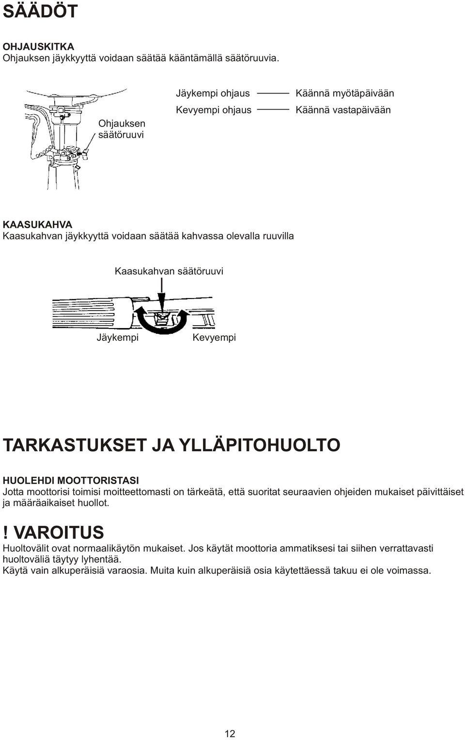 Kaasukahvan säätöruuvi Jäykempi Kevyempi TARKASTUKSET JA YLLÄPITOHUOLTO HUOLEHDI MOOTTORISTASI Jotta moottorisi toimisi moitteettomasti on tärkeätä, että suoritat seuraavien