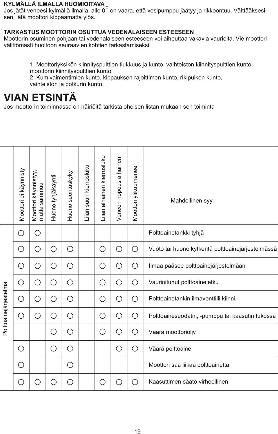 Vie moottori välittömästi huoltoon seuraavien kohtien tarkastamiseksi. 1. Moottoriyksikön kiinnityspulttien tiukkuus ja kunto, vaihteiston kiinnityspulttien kunto, moottorin kiinnityspulttien kunto.