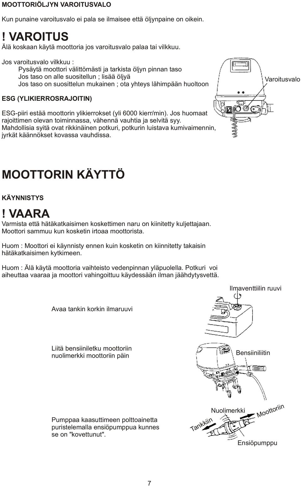 Varoitusvalo ESG (YLIKIERROSRAJOITIN) ESG-piiri estää moottorin ylikierrokset (yli 6000 kierr/min). Jos huomaat rajoittimen olevan toiminnassa, vähennä vauhtia ja selvitä syy.