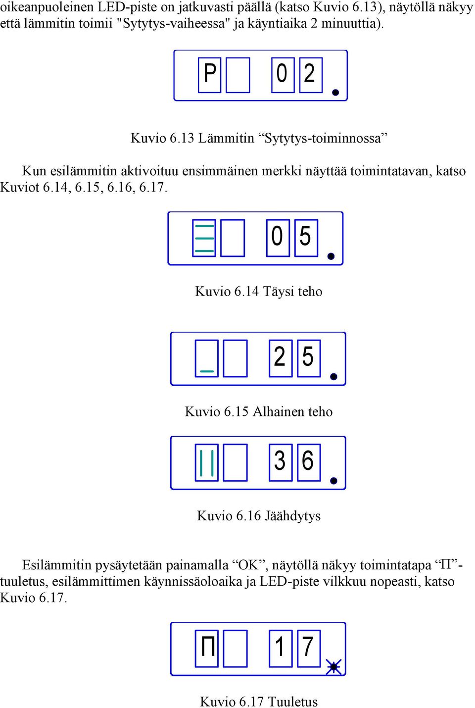 13 Lämmitin Sytytys-toiminnossa Kun esilämmitin aktivoituu ensimmäinen merkki näyttää toimintatavan, katso Kuviot 6.14, 6.15, 6.16, 6.17.