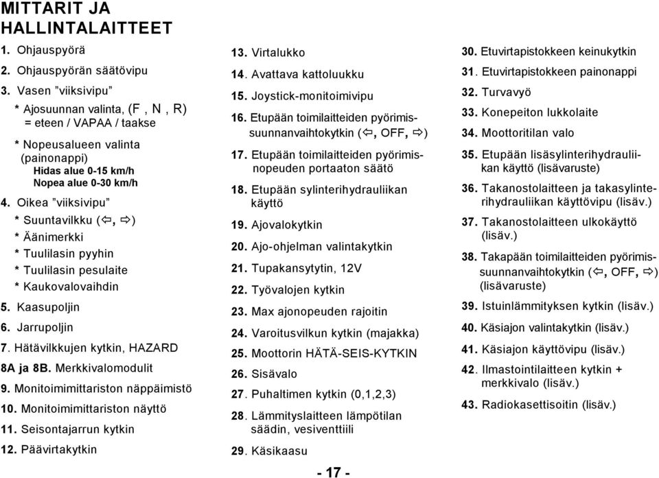 Oikea viiksivipu * Suuntavilkku (, ) * Äänimerkki * Tuulilasin pyyhin * Tuulilasin pesulaite * Kaukovalovaihdin 5. Kaasupoljin 6. Jarrupoljin 7. Hätävilkkujen kytkin, HAZARD 8A ja 8B.