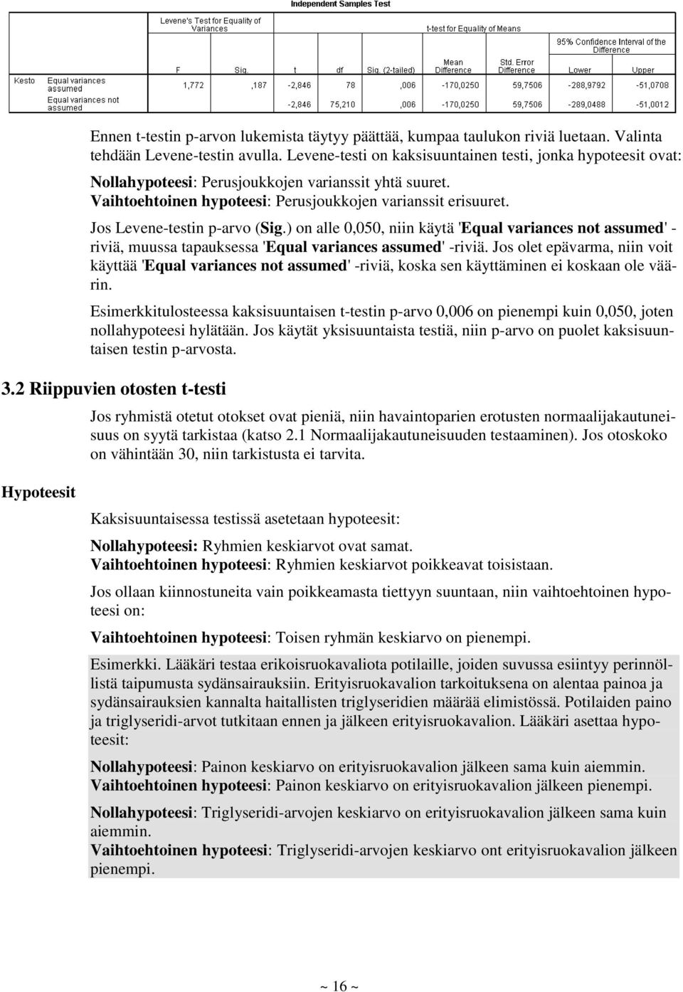 Jos Levene-testin p-arvo (Sig.) on alle 0,050, niin käytä 'Equal variances not assumed' - riviä, muussa tapauksessa 'Equal variances assumed' -riviä.