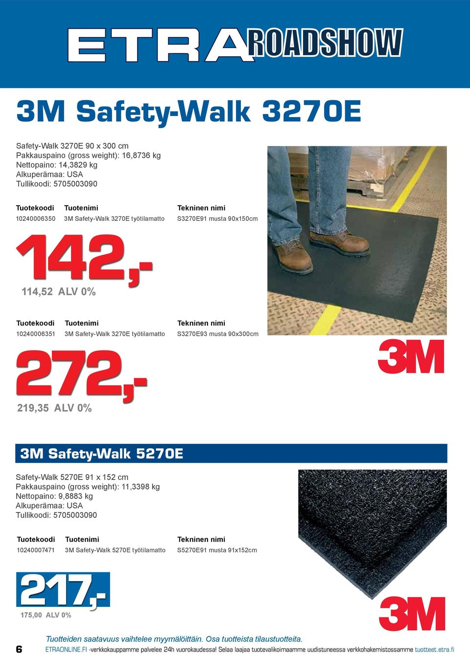 5270E Safety-Walk 5270E 91 x 152 cm Pakkauspaino (gross weight): 11,3398 kg Nettopaino: 9,8883 kg Alkuperämaa: USA Tullikoodi: 5705003090 10240007471 3M Safety-Walk 5270E