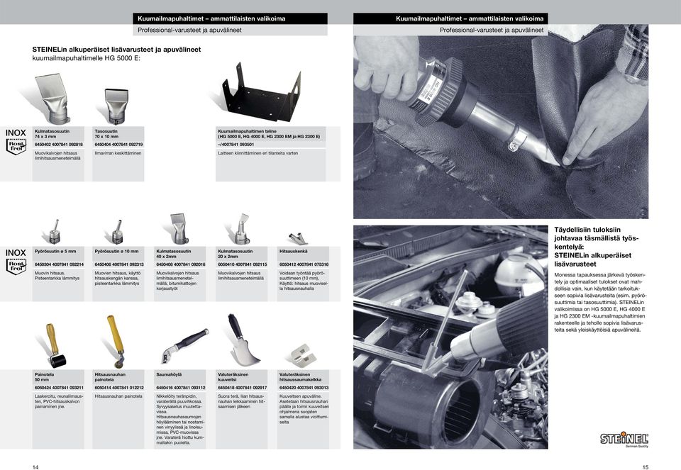 Muovikalvojen hitsaus limihitsausmenetelmällä Ilmavirran keskittäminen Laitteen kiinnittäminen eri tilanteita varten INOX Pyörösuutin ø 5 mm 6450304 4007841 092214 Pyörösuutin ø 10 mm 6450406 4007841